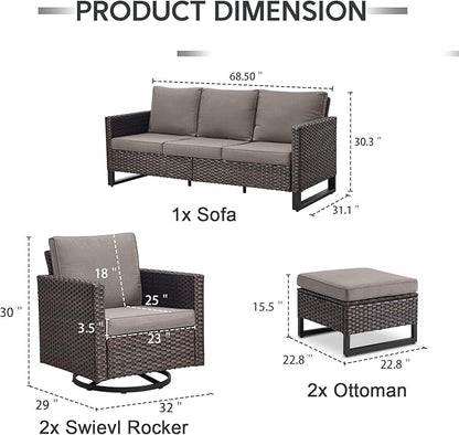 5 Piece Wicker Patio Furniture Set - Outdoor Swivel Rocker Chairs Set with 3 Seat Sofa and Ottomans, Small Patio Conversation Sets Proch Furniture for Balcony Deck - Brown/Grey