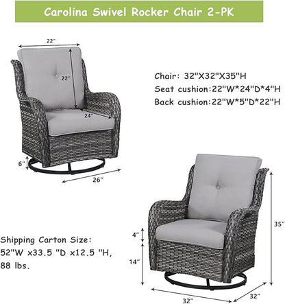 Outdoor Patio Swivel Rocker Chairs - Single Wicker Rattan Patio Swivel Rocking Chair with High Back,Deep Seating and Comfort Cushions for Deck Porch Garden,Brown/Grey