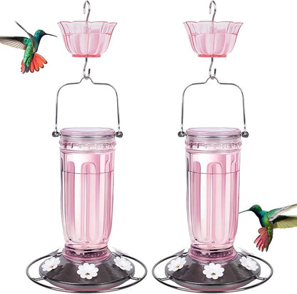 Kingsyard 2 Pack Glass Hummingbird Feeder for Outdoors, 16 Oz Wild Bird Feeder with 6 Feeding Ports Hanging for Garden Yard, Pink (Ant Moat Included)