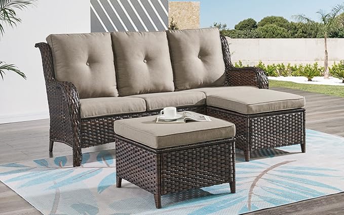 HUMMUH 3-Seat Outdoor Wicker Sofa PE Rattan Patio Couch with Cushions,Deep Seat High Curved Back Armset Patio Sofa