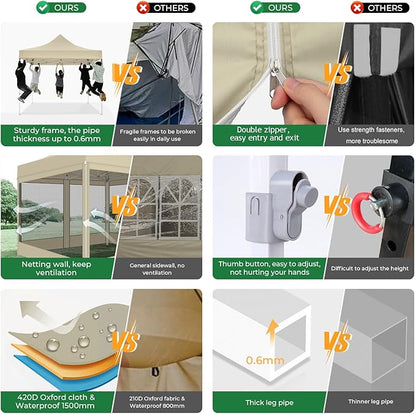 COBIZI 10x10 Heavy Duty Pop Up Canopy Tent with 4 Sidewalls, Commercial Gazebo Party Tent with Mosquito Netting Wall Easy Set Up Outdoor Instant Screen Canopy for Backyard, Patio, Garden, Khaki