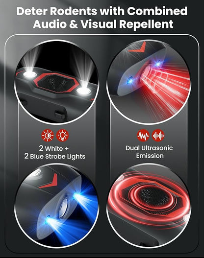 Ultrasonic Rodent Repellent for Car Engines, Under Hood Mouse Repellent with 4 LED Strobe Lights, USB Powered, Keep Rats, Mice and Squirrels Away from Vehicles, RVs, Garages, Attics (1, Black)