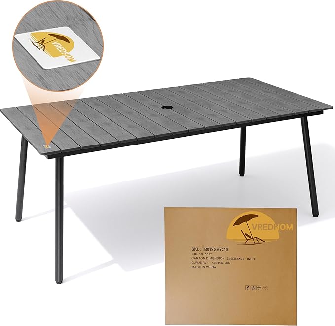 Outdoor Dining Table for 6-8, 82.7 inch Patio Dining Table with Wooden-Like Top and Aluminum Frame, Rectangular Table with Umbrella Hole Outdoor Furniture, Grey