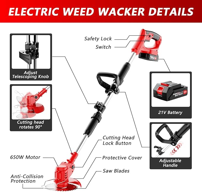 Electric Weed Wacker Cordless with Wheels,21V 2×2000mAh Weed Eater Battery Powered, 6-inch Cordless String Trimmer with 3 Types of Blades, Electric Grass Trimmer,Lawn Edger, Mower for Yard,Garden