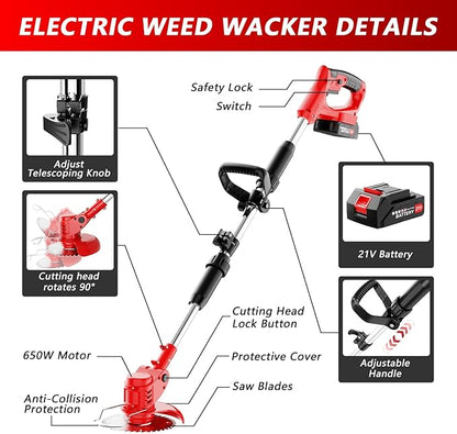 Electric Weed Wacker Cordless with Wheels,21V 2×2000mAh Weed Eater Battery Powered, 6-inch Cordless String Trimmer with 3 Types of Blades, Electric Grass Trimmer,Lawn Edger, Mower for Yard,Garden