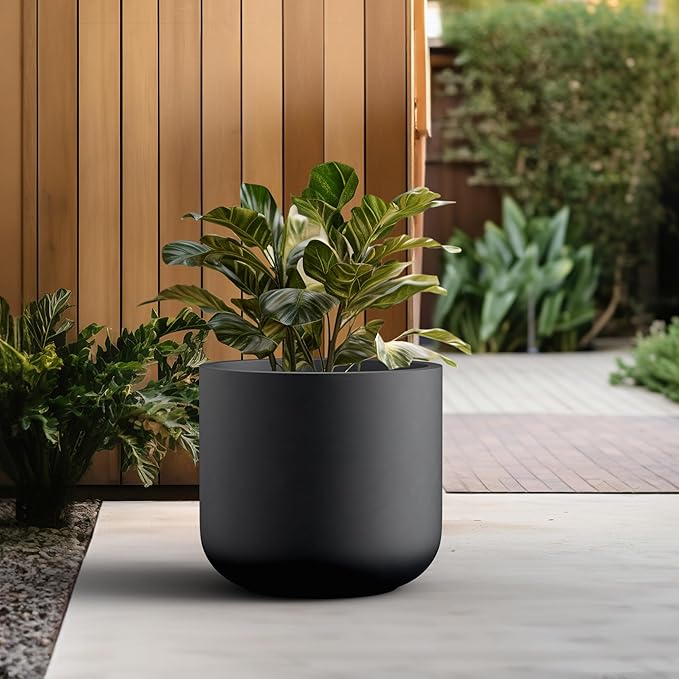 Kante 17.3-Inch Dia Round Concrete Planter, Indoor & Outdoor Garden Pot with Drainage Hole & Rubber Plug, Ideal for Flower and Tree, Black