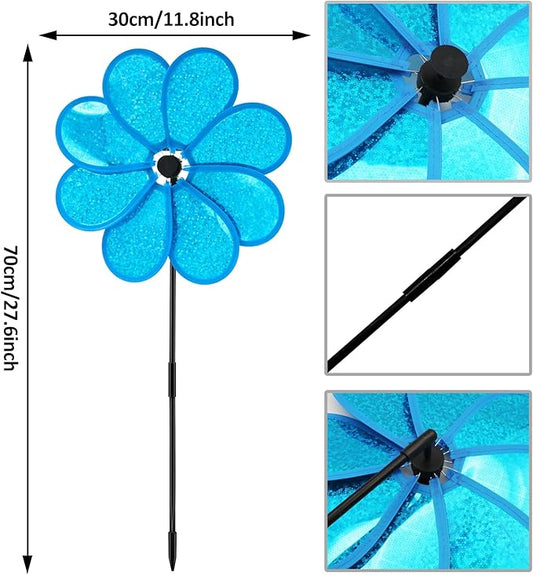 4PCS Flower Wind Spinner Sparkly Lawn Pinwheel 11.8 inch Blue Garden Windmill for Garden, Party, Outdoor, Yard Decor