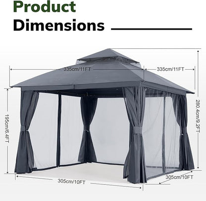 MASTERCANOPY 11'x11' Outdoor Patio Arch Gazebo with Double Roofs, Mosquito Nettings and Privacy Screens for Backyard, Garden, Lawn, Dark Grey