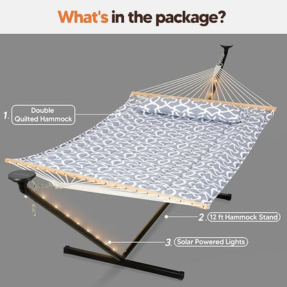 SUNCREAT Hammocks Outdoor 2 Person Hammock with Solar Powered Lights, Double Hammock with 12 ft Stand Included, Light Gray