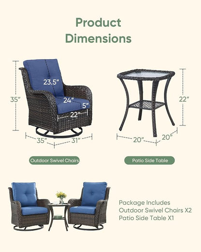 HUMMUH 3-Piece Swivel Rocking Rattan Chair Outdoor, Patio Bistro Furniture Conversation Set with Cover,Cushioned Wicker Chair with Glass Coffee Table(Brown, Blue)