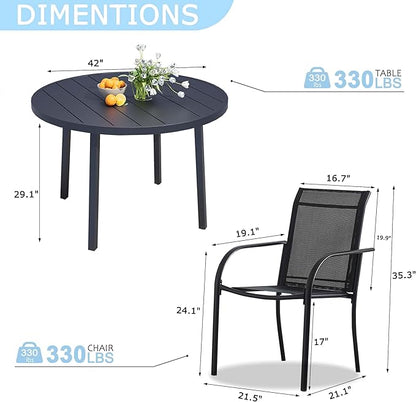 5 Pieces Round Dining Table Set for 4, Patio Dining Set Includes 4 Black Stackable Patio Chairs and 1 Black Round Table, Patio Furniture Sets with Sling Support for Outside, Garden