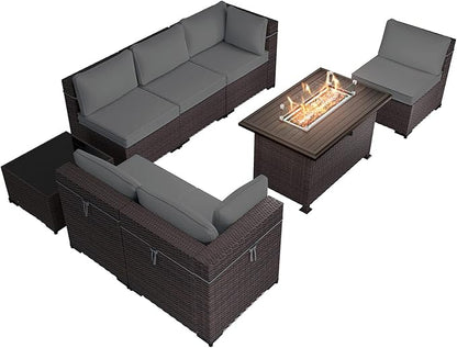 Outdoor Patio Furniture Set with Propane Fire Pit Table, 8 Pieces Furniture Patio Sectional Sofa Conversation Set w/ETL Approved 43" Gas Outdoor Fire Table & Coffee Table (Grey)