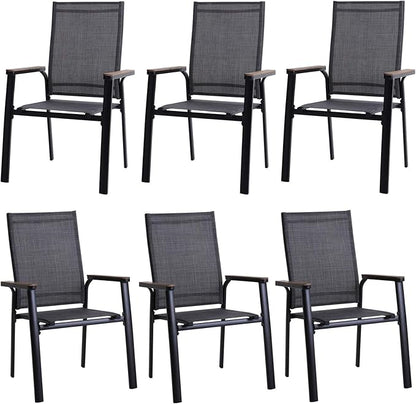 PHI VILLA Outdoor Stackable Chairs, Patio Chairs Set of 6, Light Weight Aluminum Frame with Textilene Fabric & Wood Armrest, High Back Deck Chairs for Poolside Lawn Garden, Gray