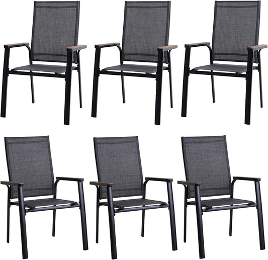 PHI VILLA Outdoor Stackable Chairs, Patio Chairs Set of 6, Light Weight Aluminum Frame with Textilene Fabric & Wood Armrest, High Back Deck Chairs for Poolside Lawn Garden, Gray
