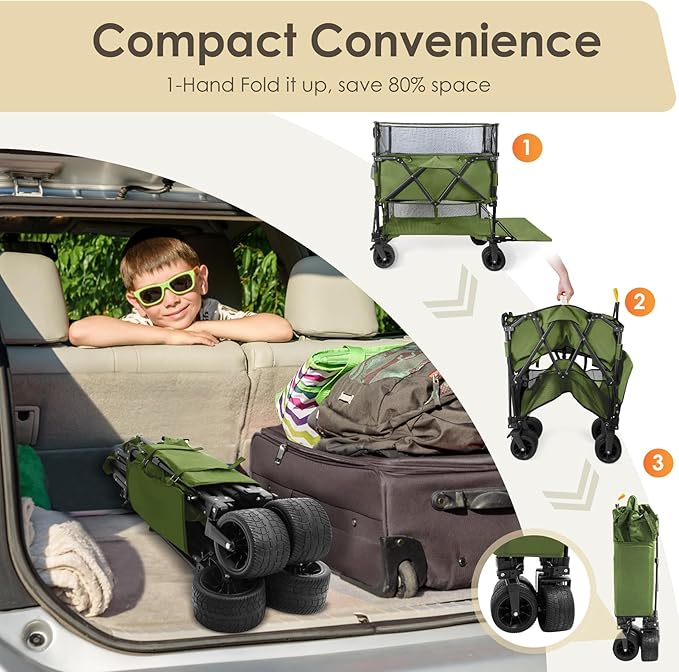 HOPERAN 550L XXL Wagons Carts Foldable, 54" Extra Length & Height Double Deck Collapsible Wagon Cart with Tailgate, 8" Big All-Terrain Wheels, 550lbs Load Utility Grocery Cart for Camping,Sports,Beach