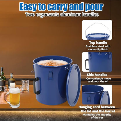 6 Gallon Commercial Fryer Oil Bucket with Lid, Fryer Grease Bucket, Coated Carbon Steel Fryer Oil Container with Rubber Seal, Rustproof, Leakproof, Filter Bag for Hot Cooking Oil Filteringm, Blue