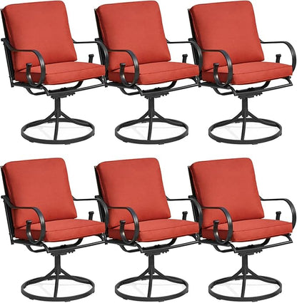 MELLCOM Patio Swivel Chair Set of 6, Heavy Duty Outdoor Dining Chairs with Thickened Cushions, Metal Patio Chairs Gentle Rocker for Outside, Garden Lawn & Porch, Backyard, Red
