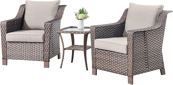 3 Pieces Patio Furniture Set-Wicker Patio Chairs Set of 2 with Tempered Glass End Table Outdoor Patio Chairs for Deck Balcony Poolside Backyard-Brown/Beige