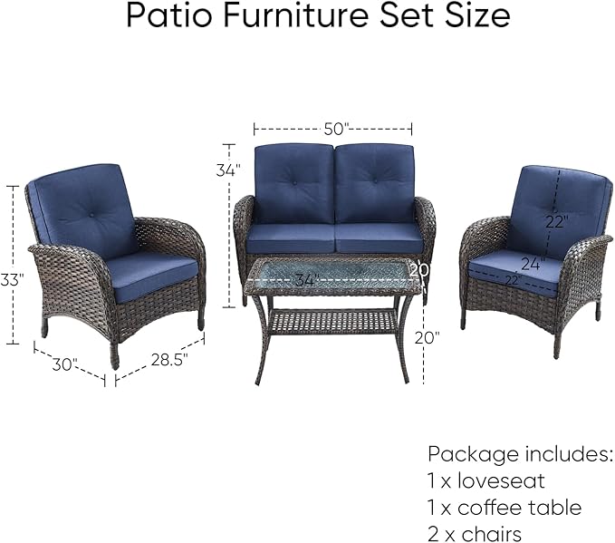 HUMMUH 4-Piece Patio Furniture Wicker Outdoor Conversation Set,All-Weather Rattan Outdoor Sofa Set Patio Chairs Coffee Table for Backyard,Porch,Deck