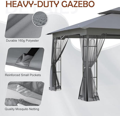 COOS BAY 10x12 Outdoor Patio Gazebo with Netting, Two-Tier Soft Top Canopy for Backyard, Lawn, Deck and Garden, Gray
