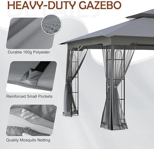 COOS BAY 10x12 Outdoor Patio Gazebo with Netting, Two-Tier Soft Top Canopy for Backyard, Lawn, Deck and Garden, Gray