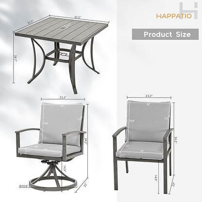 HAPPATIO 5-Piece Patio Outdoor Dining Sets - All Aluminum Outdoor Patio Table and Chairs Set for 4 Includes 1 Square Dining Table, 2 Dining Chairs, and 2 Swivel Dining Chairs, for Lawn or Garden