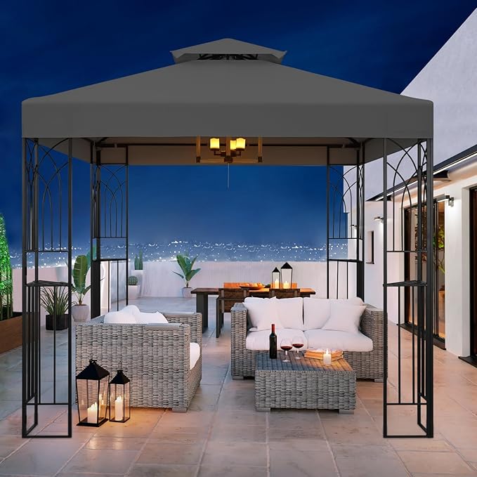 COOS BAY 8x8 Outdoor Patio Gazebo with Corner Shelves, Two-Tier Soft Top Canopy for Backyard, Lawn, Deck and Garden, Gray
