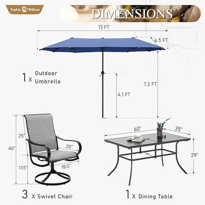 Sophia & William 8-Piece Outdoor Dining Set with 13ft Large Patio Umbrella - Navy, 6 x Grey Swivel Patio Chairs & 59" Dining Table for Lawn Garden