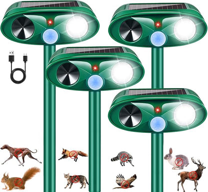 4 Pack Solar Ultrasonic Animal Repellent Outdoor Squirrel Raccoon Fortress Pro,Cat Deer Repellent with Motion Sensor & Strobe Light,Waterproof Dog Rabbit Deterrent for Garden Yard