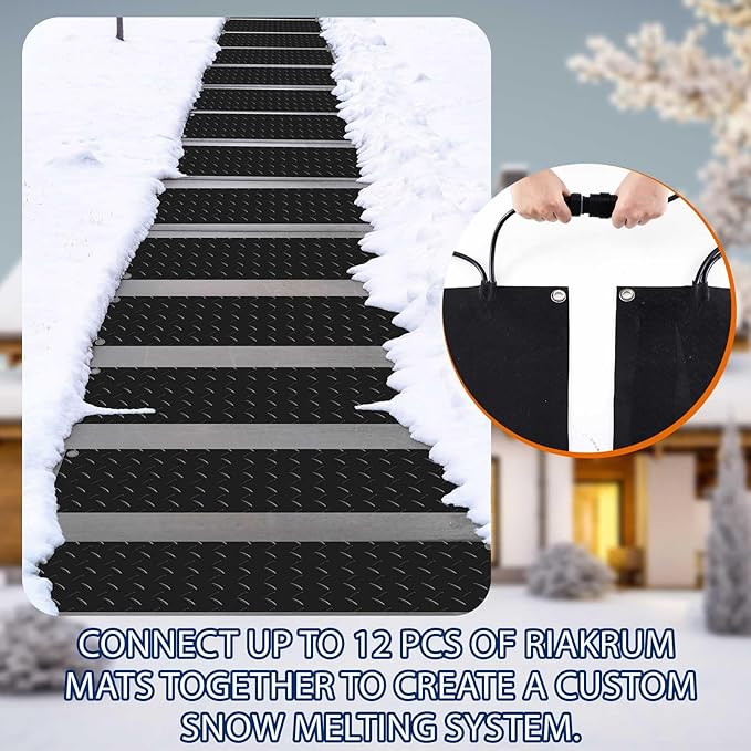 Riakrum 5 Pcs Heated Snow Melting Mats Outdoor, 10 x 30 in Winter Anti-Slip Heated Rubber Mat for Walkways Decks and Sidewalks, Snow and Ice Melting Pads Connection with 9.84 ft Power Cord