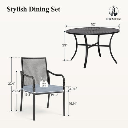 HERA'S HOUSE Patio Table and Chairs Set, 7 Piece Outdoor Dining Set, 6 x Dining Chairs with 54" Round Metal Table for Backyard Garden Lawn Restaurant