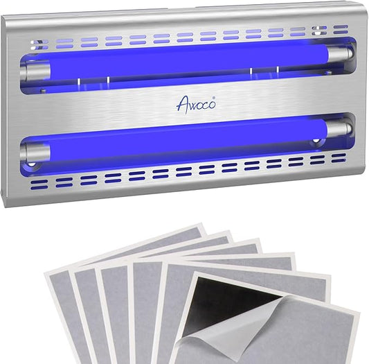 Awoco 12W LED Stainless Steel 100V-240V Wall Mount Sticky Fly Trap Lamp for Capturing Flies, Mosquitoes, Moths and Flying Insects, Perfect for Home, Restaurants, Warehouses (with 6 Glue Boards)