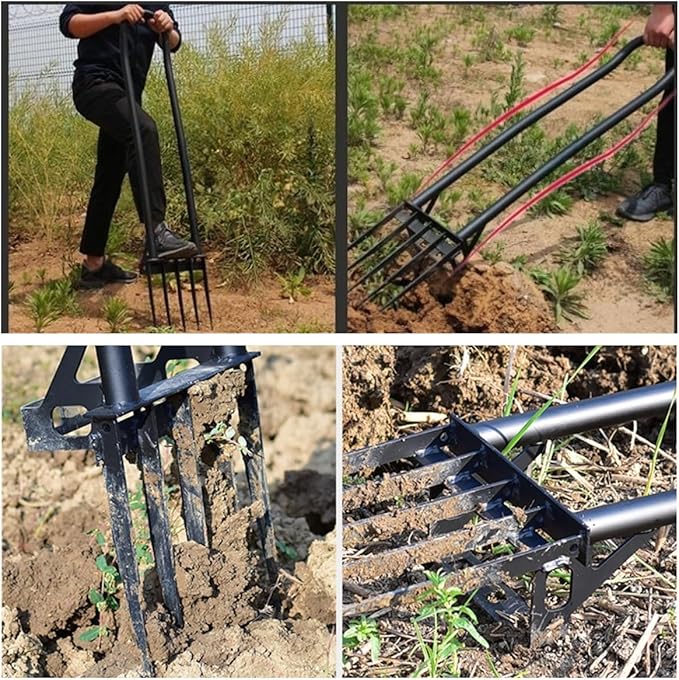 Heavy Duty Garden Broadfork - 46" Steel Long Dual Handle Pitch Fork (Ergonomic Grip for Labor-Saving), 5 Tempered Diamond Tines for Soil Loosening, Weeding, Composting, Aeration & Transplanting