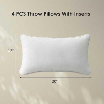 Decorative Outdoor Water Repellent Throw Pillows with Inserts, Set of 4, 20" x12" Pillows for Patio, Backyard, Bed, Couch, and Patio Furniture, Linen