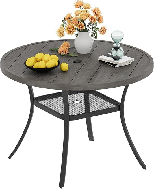 VICLLAX 40.6" Round Metal Outdoor Dining Table for 4, Patio Table with Umbrella Hole and Storage Shelf for Garden, Lawn, Deck, Grey