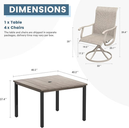 DIFY 5 Pieces Outdoor Patio Dining Set for 4, 40.2" Metal Square Dining Table and 4 Sandshell Textilene Swivel Dining Chairs, Outdoor Table and Chairs
