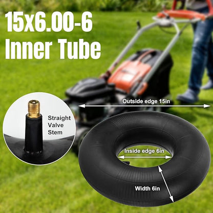 15x6.00-6" Inner Tubes, 2 Pack Heavy Duty 15x6-6 Replacement Tire Inner Tube with TR-13 Straight Valve Stem for Lawn Mower, Ride-on Mower, Yard Trailer, Tractor, ATVs, Go Karts, Golf Carts, etc