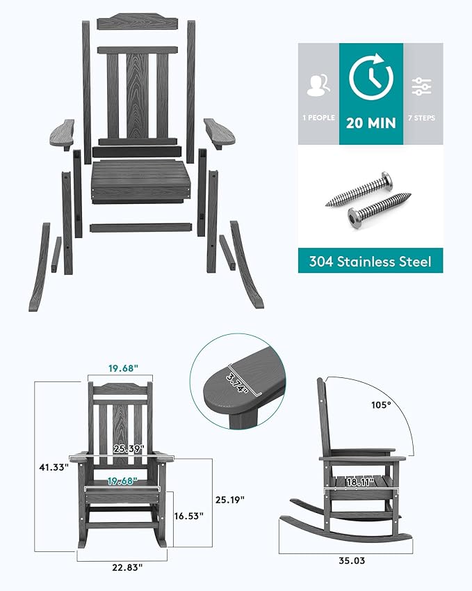 SERWALL HDPE Rocking Chair Set of 2, All Weather Patio Rocking Chair, HDPE Poly Rocking Chair for Adults, Heavy Duty Front Porch Rocker, Gray