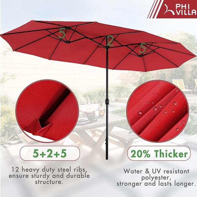 PHI VILLA 7 Pieces Patio Dining Set for 6 with 13ft Large Patio Umbrella, Metal Outdoor Stackable Wrought Iron Chair Set of 6 & 60"X38" Metal Dining Table,Market Table Orange Red Umbrella