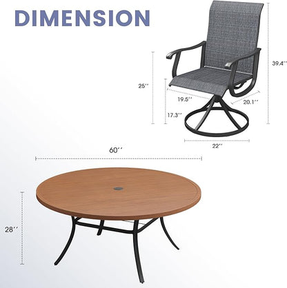 VICLLAX 9 Pieces Outdoor Dining Set, Patio Furniture Set of 8 Patio Swivel Dining Chairs and 60" Patio Round Table, Dark Charcoal Chairs & Walnut Tabletop
