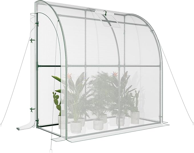 SPECILITE 79” x 40” x 83” Lean to Greenhouse for Outdoors, Portable Walk-in Plant Green House with 1 Roll-up Zipper Door and Mesh Window, Reinforced Steel Frame with PE Cover, Anchor and Ropes, White