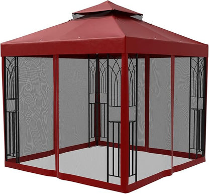 COOS BAY 8x8 Outdoor Patio Gazebo with Netting and Corner Shelves, Two-Tier Soft Top Canopy for Backyard, Lawn, Deck and Garden, Red