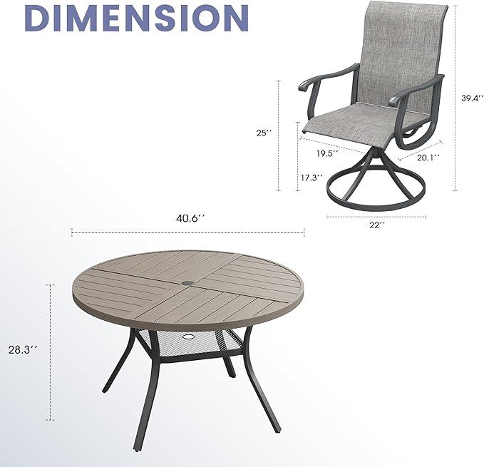 VICLLAX 5 Pieces Outdoor Dining Set, Patio Furniture Set of 4 Patio Swivel Dining Chairs and 40.6" Patio Spliced Round Tabletop with Storage Shelf, Grey Chairs & Antique Grey Tabletop