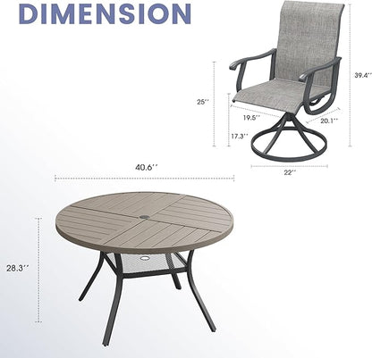 VICLLAX 5 Pieces Outdoor Dining Set, Patio Furniture Set of 4 Patio Swivel Dining Chairs and 40.6" Patio Spliced Round Tabletop with Storage Shelf, Grey Chairs & Antique Grey Tabletop