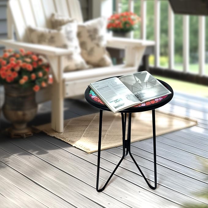 HONGLAND Outdoor Side Table, Small Mosaic Patio Table, 12" Round Metal Side Table End Table, Glass Plant Stand, Small Bistro Coffee Table Plant Stand for Garden Yard Porch Living Room（Hummingbird）