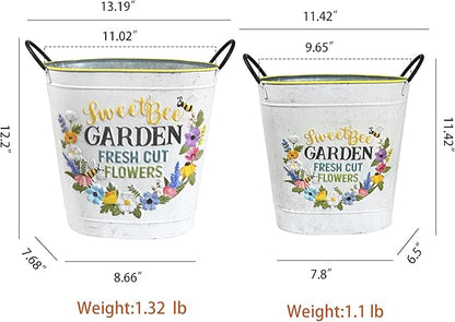Set of 2 Sweet Bee Garden Metal Planter Buckets, Rustic Farmhouse Flower Pots with Handles, Decorative Indoor Outdoor Gardening Containers for Succulents, Herbs, Home & Porch Decor