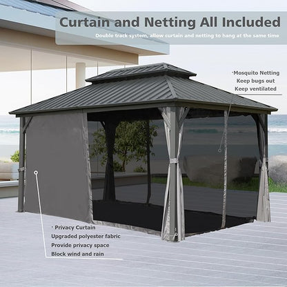 Domi Hardtop Gazebo 10x12FT, Aluminum Outdoor Gazebo with Galvanized Steel Double Roof Canopy, Curtains and Netting Included, Metal Gazebo Permanent Pavilion for Patio, Lawn, Garden, Gray