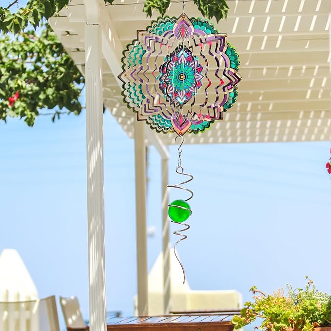 Goolyrusim Wind Spinner Mandala Jasmine, 12Inch Laser Cut Stainless Steel Wind Spinners, 3D Hanging Wind Sculptures for Yard and Garden Decoration Outdoor Decor Ornament, Mandala Gifts for Women Men