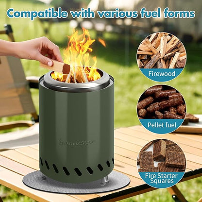 9.7 x 7.1 Inch Tabletop Fire Pit by AmazStove, Low Smoke Camping Stove for Outdoor Safe Burning Firepits, Fueled Pellets or Wood, Travel Bag Included (Green, 9.7 x 7.1 INCH)