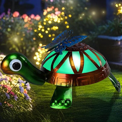 Solar Garden Outdoor Statues with Butterfly, Metal Garden Turtle Statue Solar Lights Outdoor Tortoise Figurines for Patio, Lawn, Yard Ornament, Housewarming Gifts